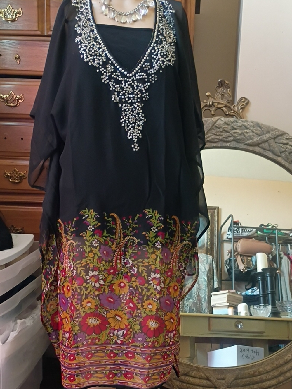 Black Embellished Sheer Tunic with Multicolor Floral Hem